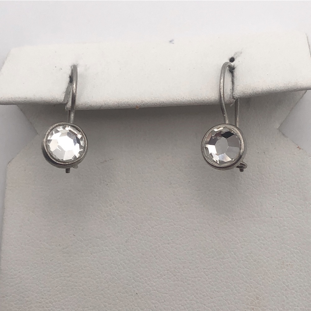 VTG Sterling Silver & Clear / White Hook Earrings .7”